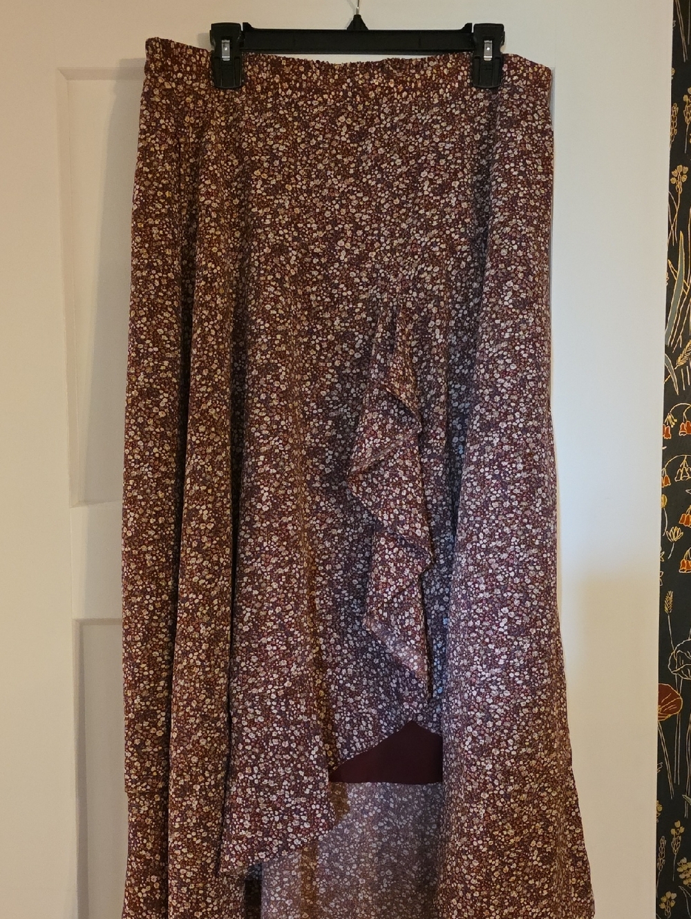 Mikarose Maroon Floral High-Low Ruffle Skirt